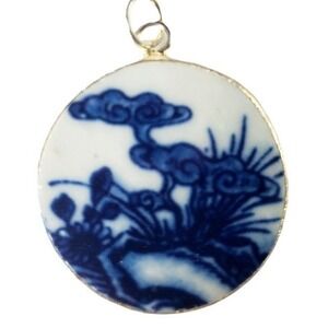 Vintage Ming Blue & White Chinoiserie Ceramic Round Pendant Broken China Jewelry